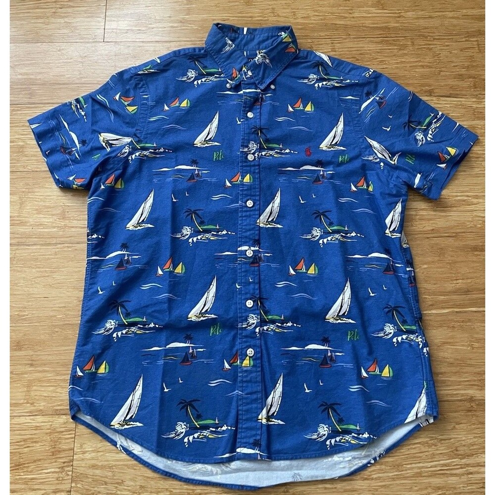 Polo Ralph Lauren Polo Shirt Mens Medium Sailboat Print Classic Fit Nautical